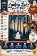 A Spooky Little Friend Is Waiting for You Halloween paint kit featuring a cute white ghost in a dark blue forest beside a glowing hanging lantern.