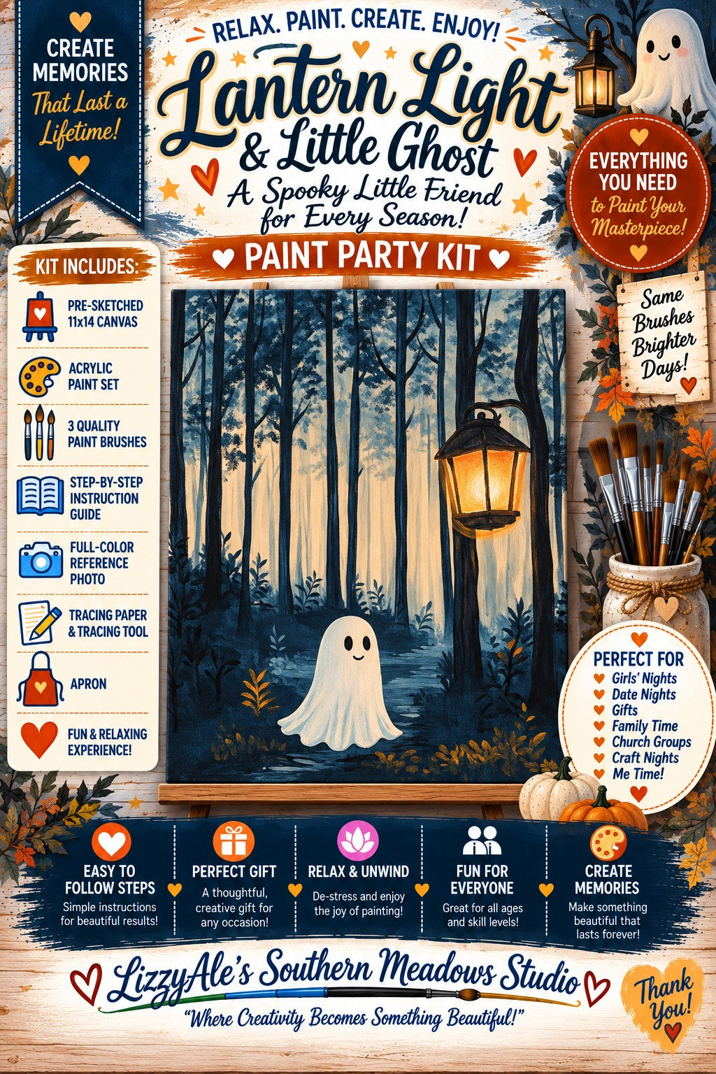A Spooky Little Friend Is Waiting for You Halloween paint kit featuring a cute white ghost in a dark blue forest beside a glowing hanging lantern.
