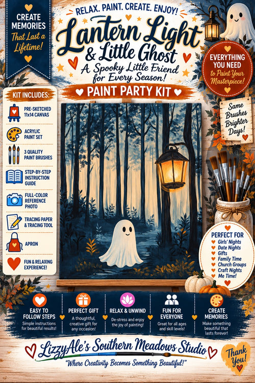 A Spooky Little Friend Is Waiting for You Halloween paint kit featuring a cute white ghost in a dark blue forest beside a glowing hanging lantern.