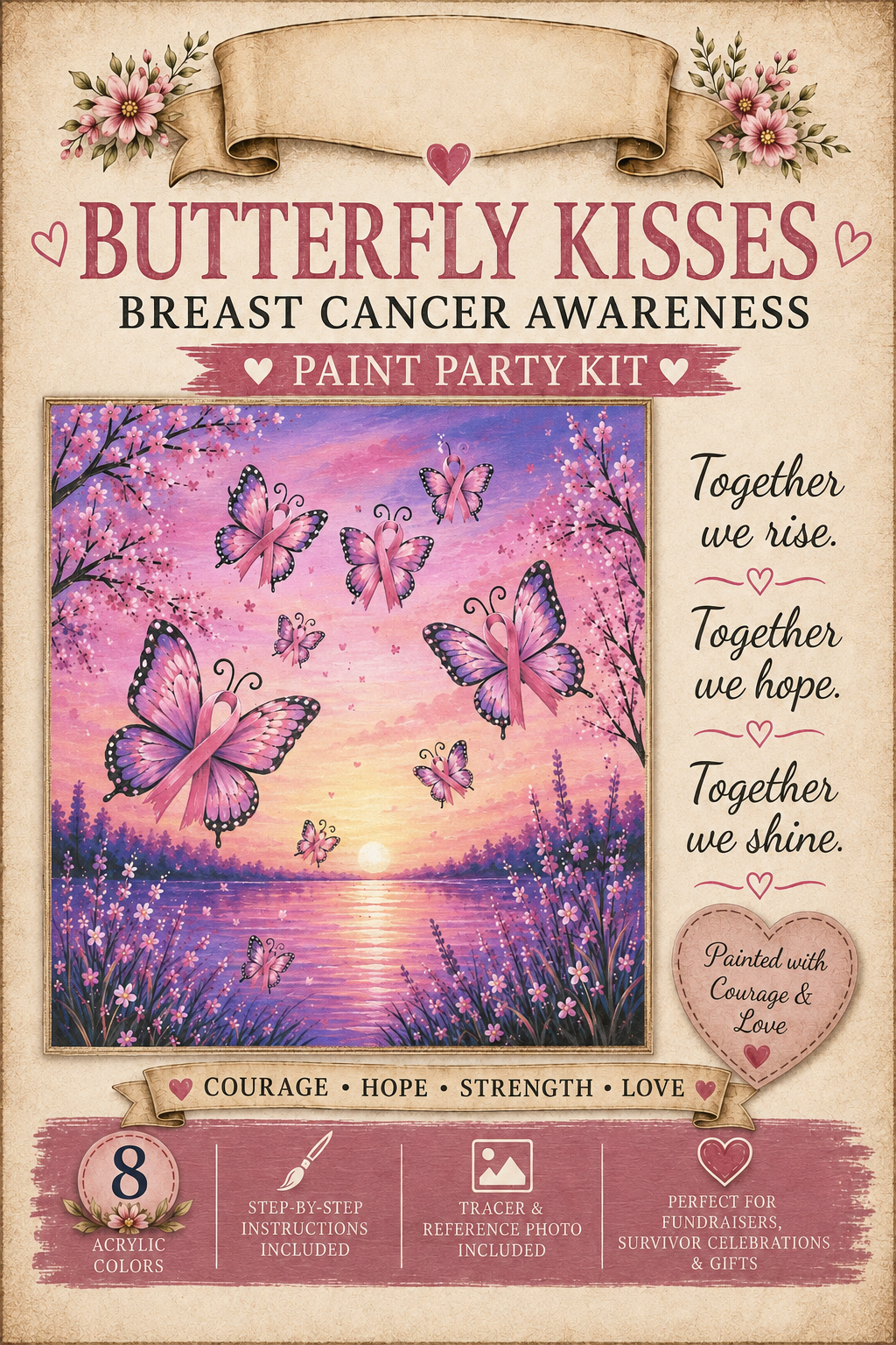 Butterfly Kisses Breast Cancer Awareness DIY Paint Kit - butterflies with pink ribbons over sunset water scene