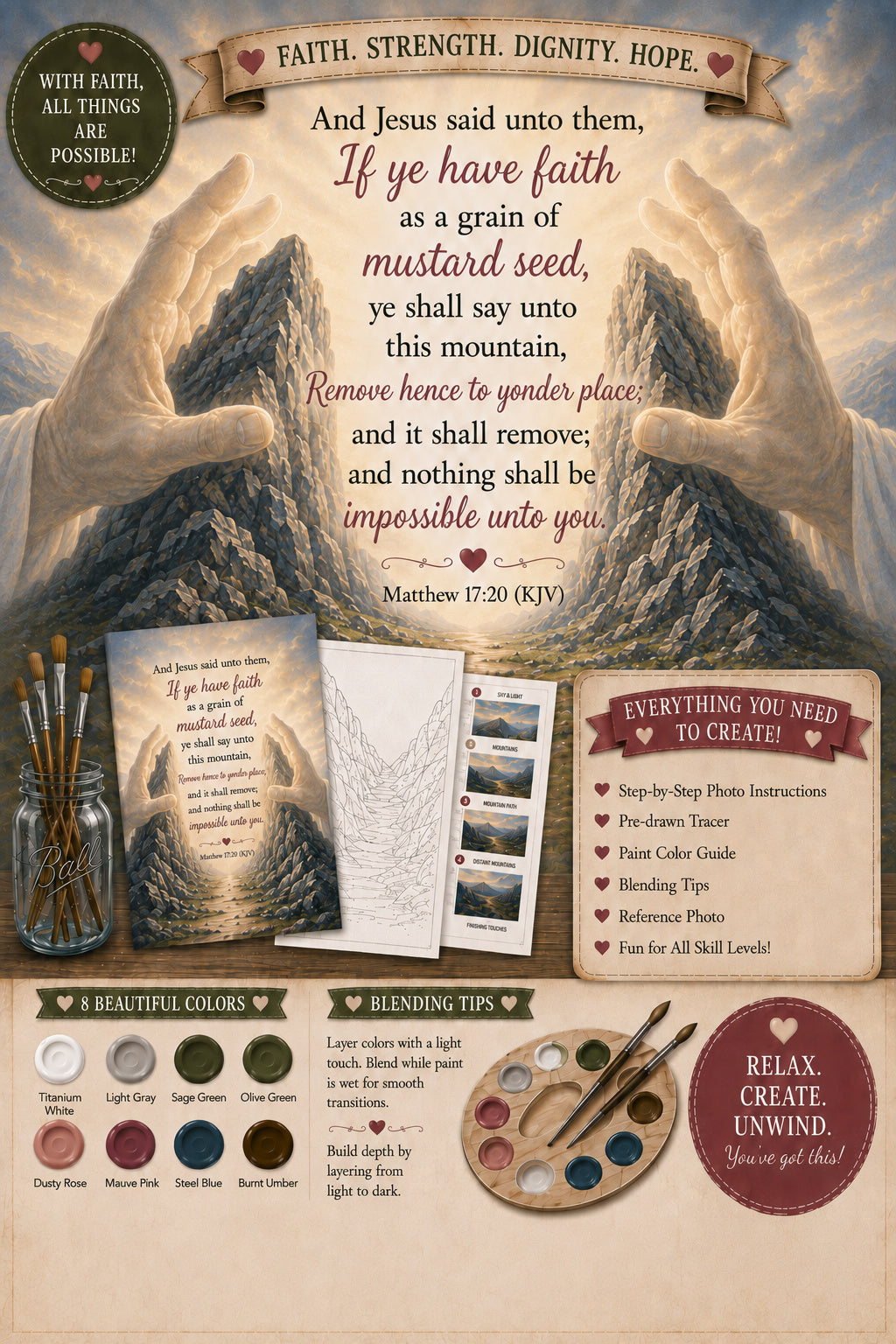 Faith Can Move Mountains DIY Paint Kit - Matthew 17:20 Scripture art with God's hands and mountains