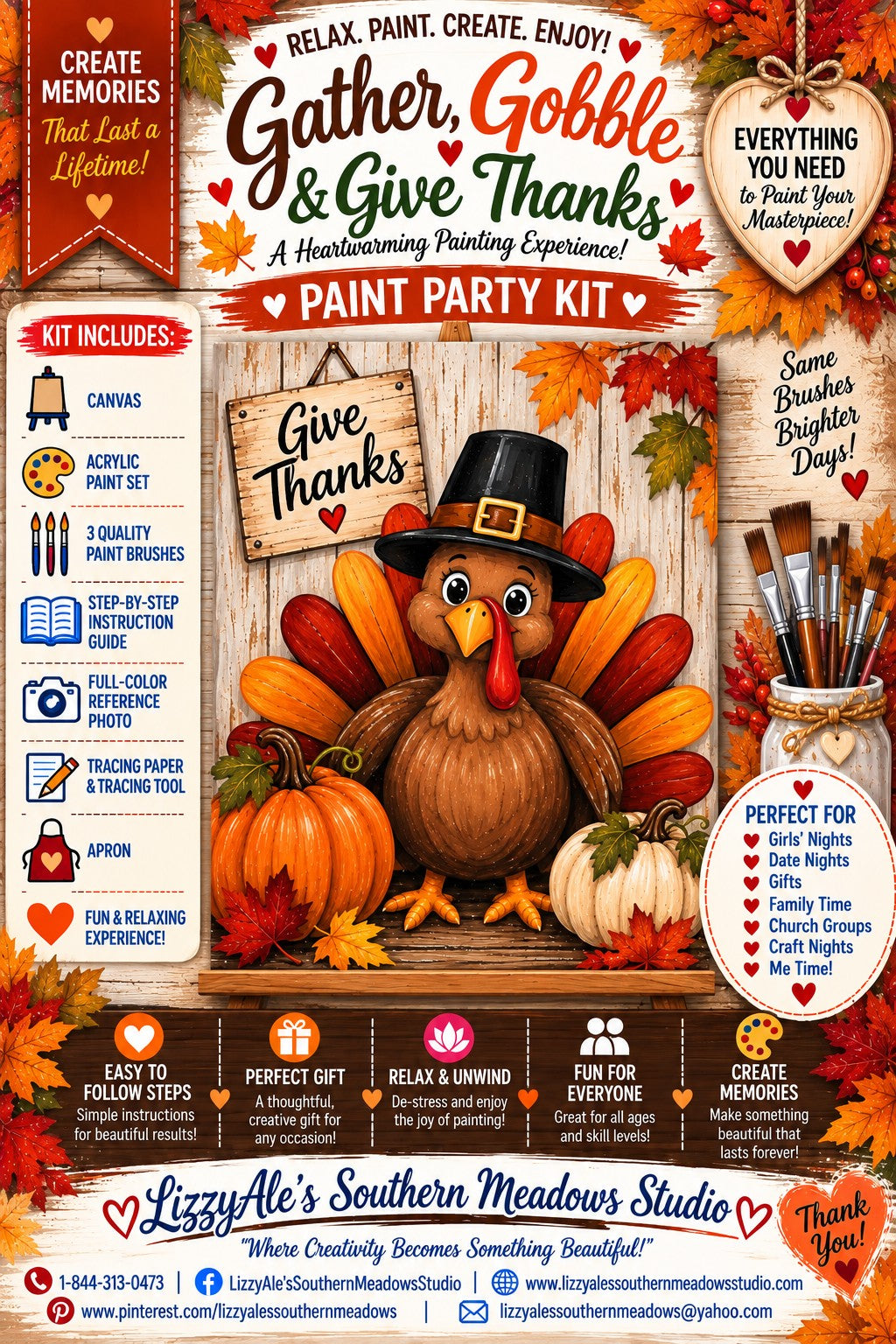 Gather, Gobble & Give Thanks Thanksgiving paint party kit featuring an adorable turkey in a pilgrim hat with pumpkins, fall leaves and a Give Thanks sign