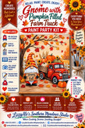 Gnome with Pumpkin Filled Truck fall paint kit featuring a Happy Fall gnome, vintage red farm truck, pumpkins, sunflowers and autumn leaves.