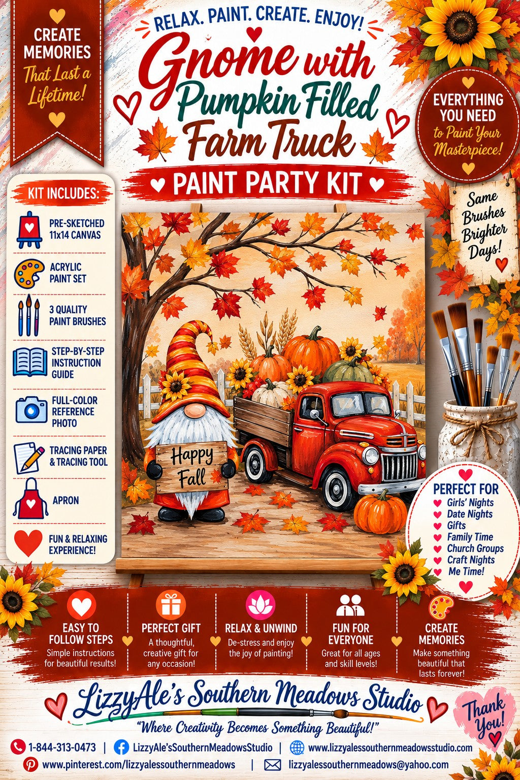 Gnome with Pumpkin Filled Truck fall paint kit featuring a Happy Fall gnome, vintage red farm truck, pumpkins, sunflowers and autumn leaves.
