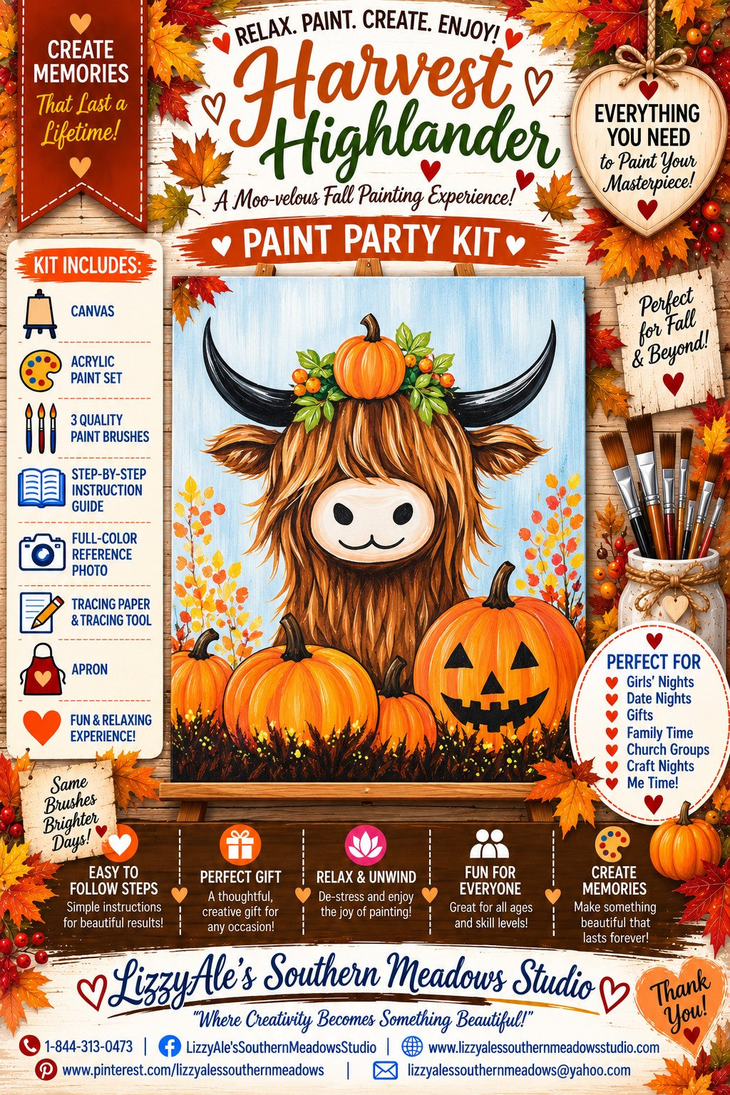 Harvest Highlander Paint Party Kit | Fall Highland Cow & Pumpkin DIY Painting Kit