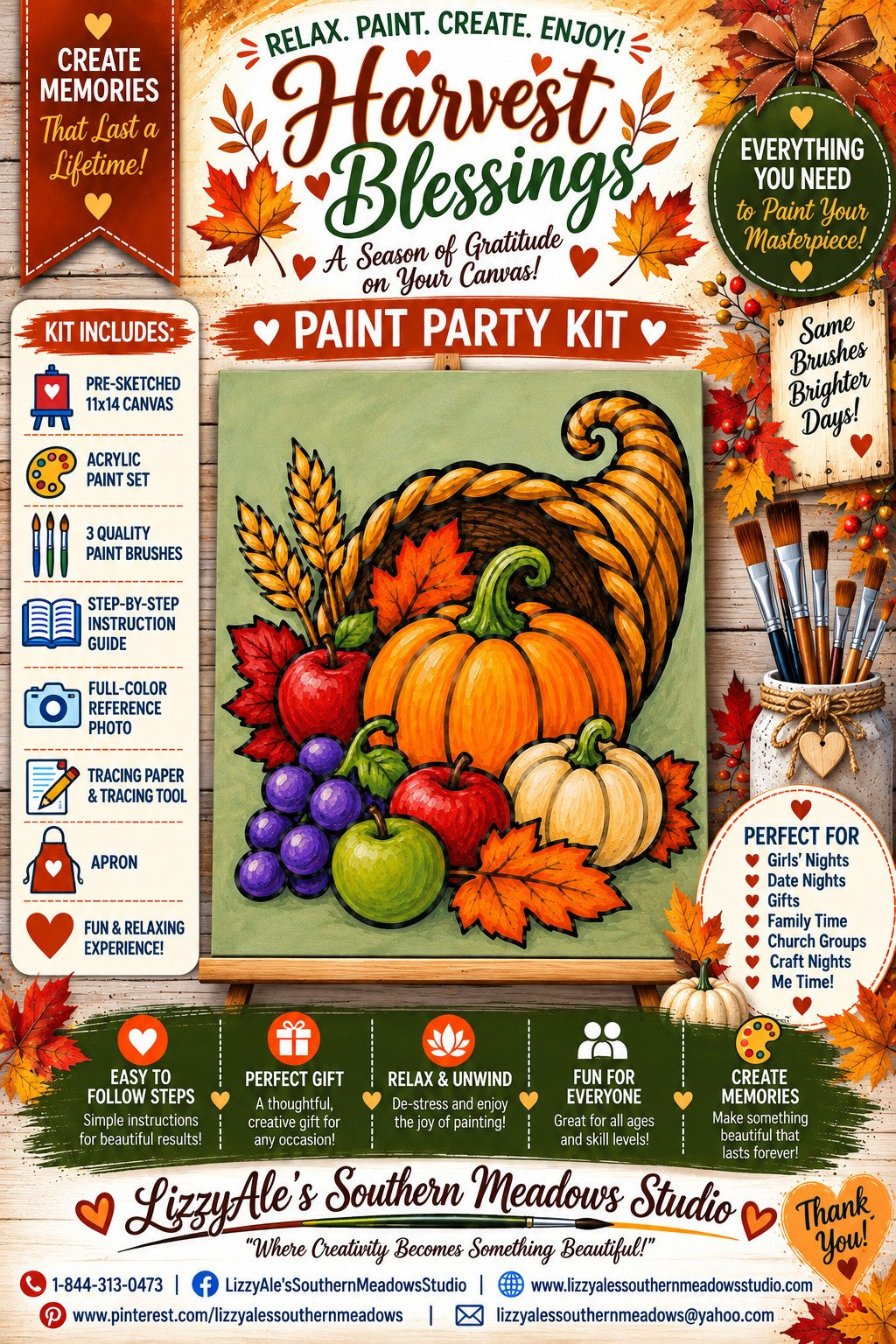 Harvest Blessings Thanksgiving Paint Party Kit featuring a cornucopia with pumpkins, apples, grapes, wheat and autumn leaves