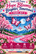 Hope Blooms Brighter Tomorrows Breast Cancer Awareness Paint Kit featuring pink ribbon butterflies, pink flowering fields, blue mountains and a winding stream.