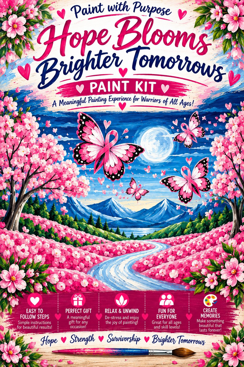 Hope Blooms Brighter Tomorrows Breast Cancer Awareness Paint Kit featuring pink ribbon butterflies, pink flowering fields, blue mountains and a winding stream.