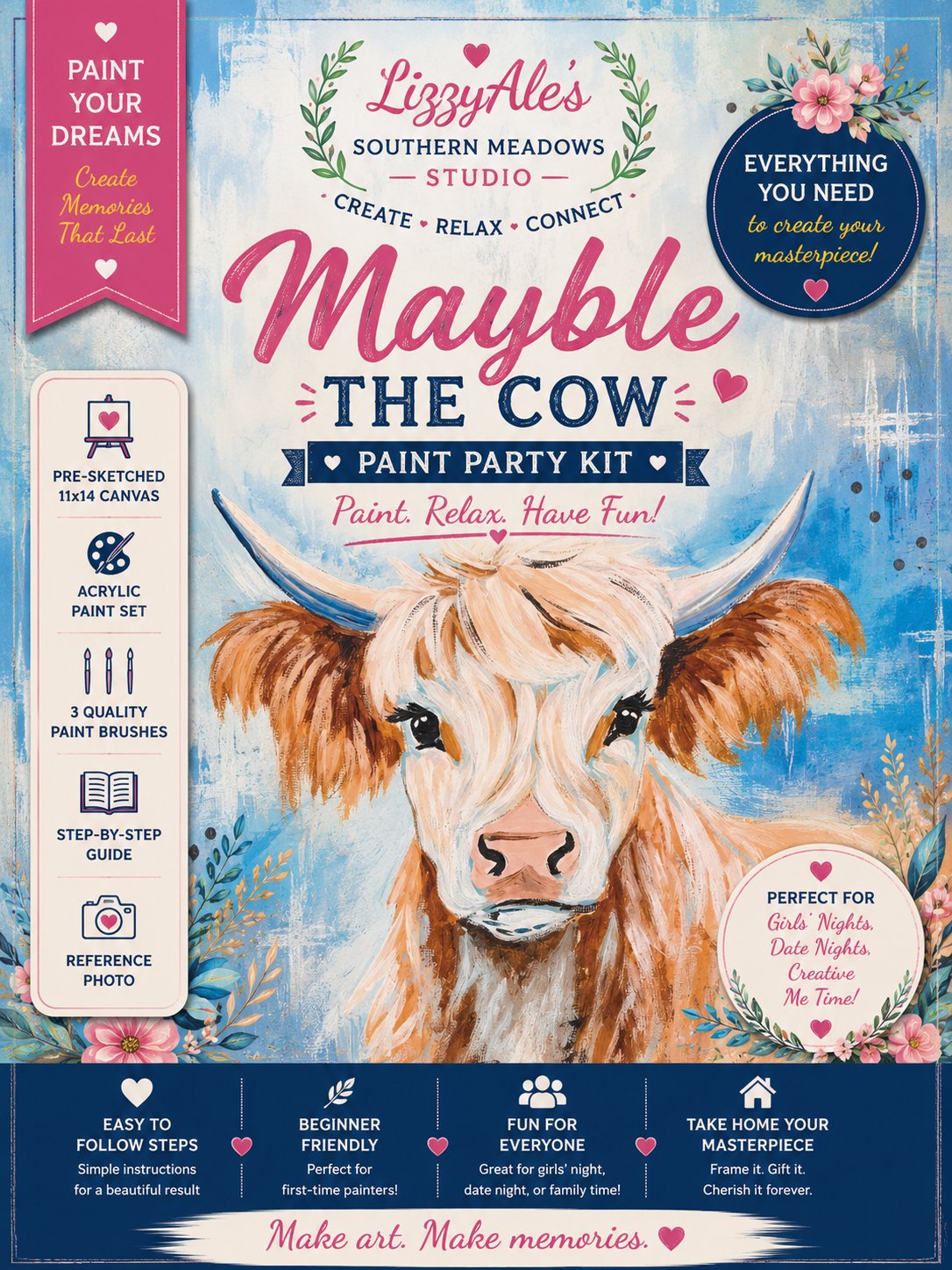 Mayble the Cow Paint Party Kit | Highland Cow Acrylic Painting Kit for Beginners