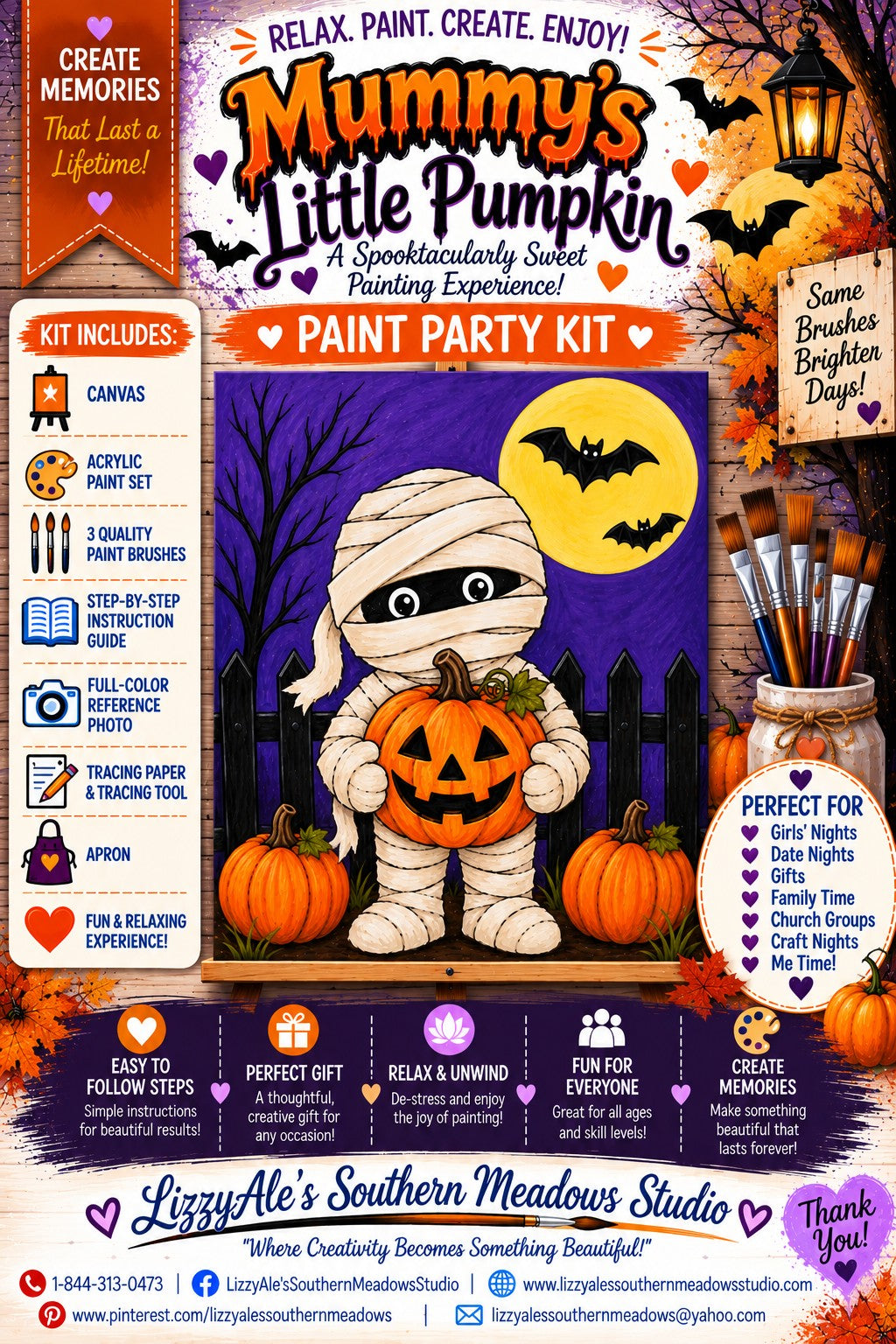 Mummy's Little Pumpkin Halloween paint party kit featuring a mummy holding a jack-o'-lantern beneath a glowing moon with bats and pumpkins
