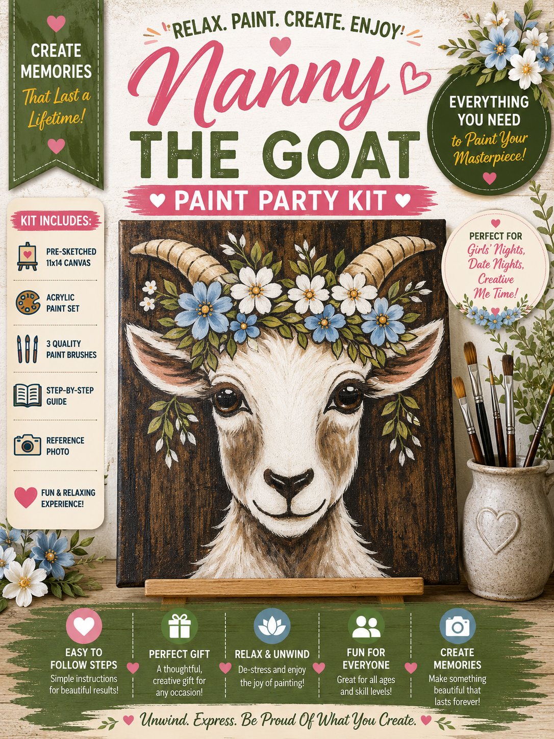 Nanny the Goat Paint Party Kit | Farmhouse Goat Acrylic Painting Kit