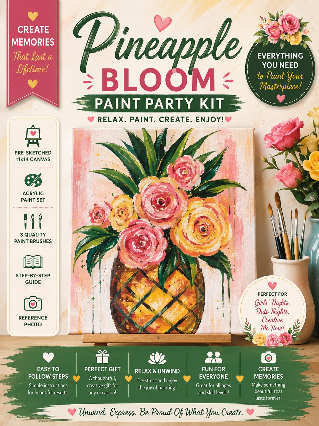 Pineapple Bloom Paint Party Kit | Tropical Floral Acrylic Painting Kit