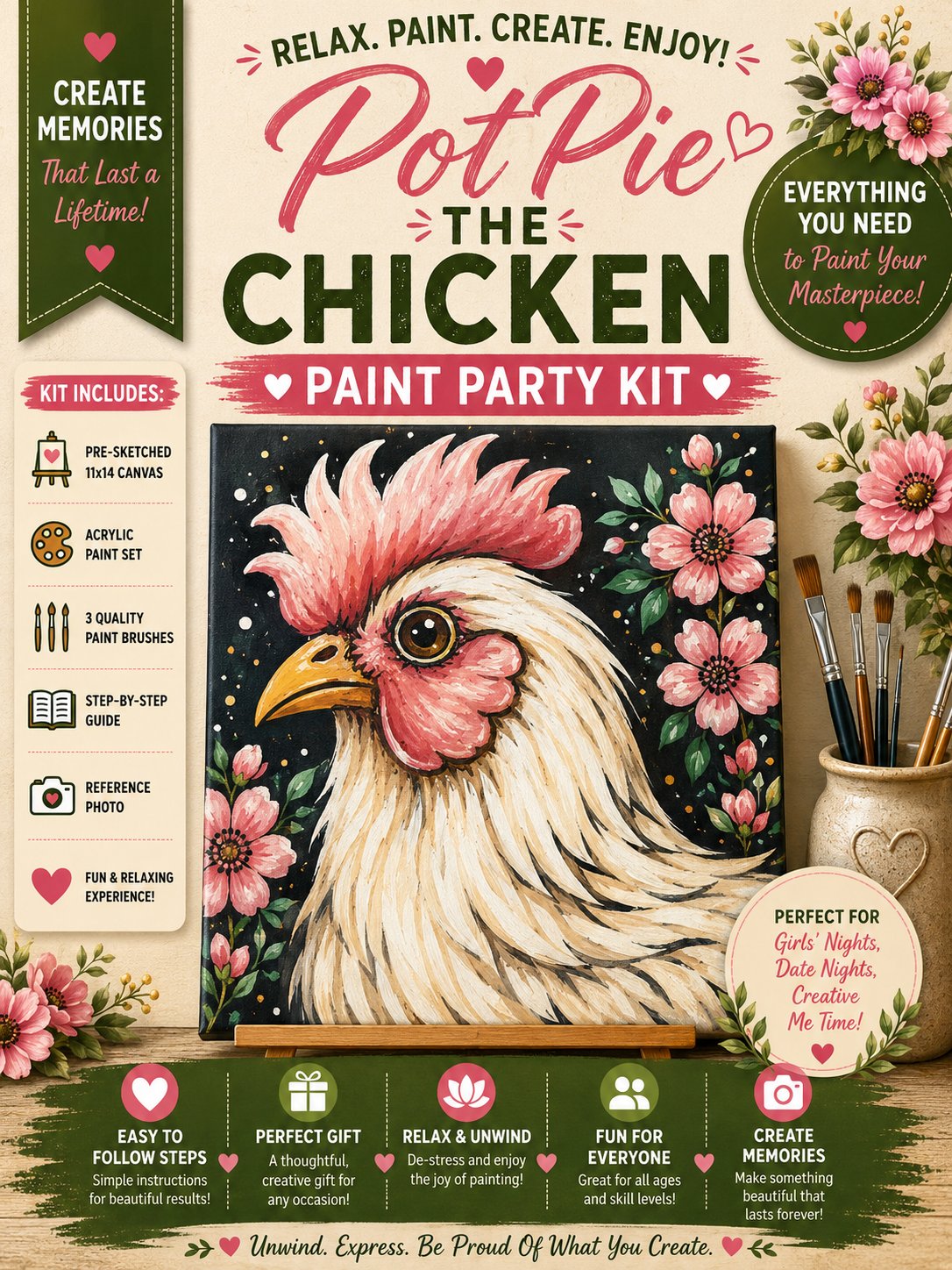 PotPie the Chicken Paint Party Kit | Farmhouse Chicken Acrylic Painting Kit
