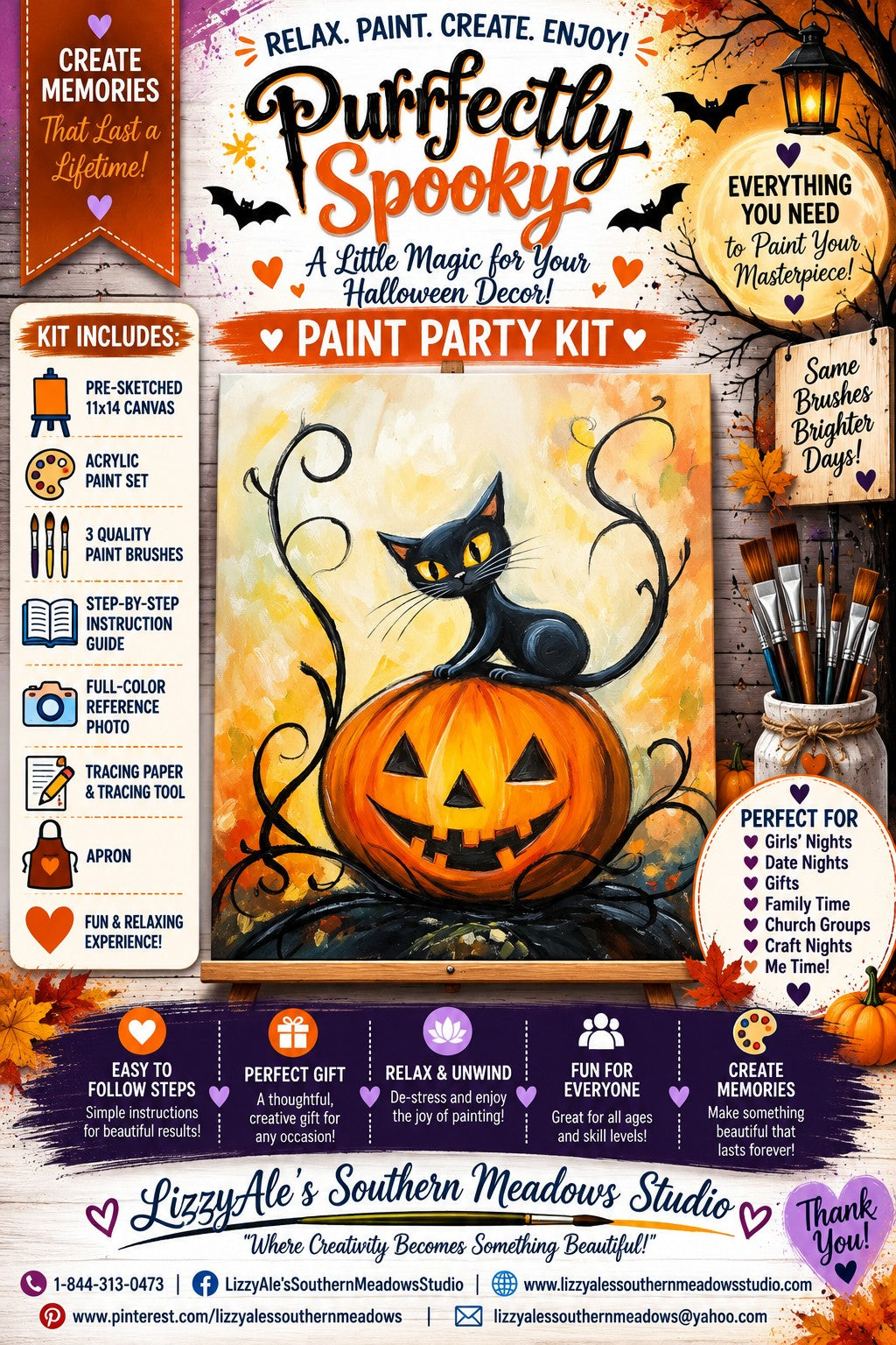 Purrfectly Spooky black cat and jack-o'-lantern Halloween DIY paint party kit