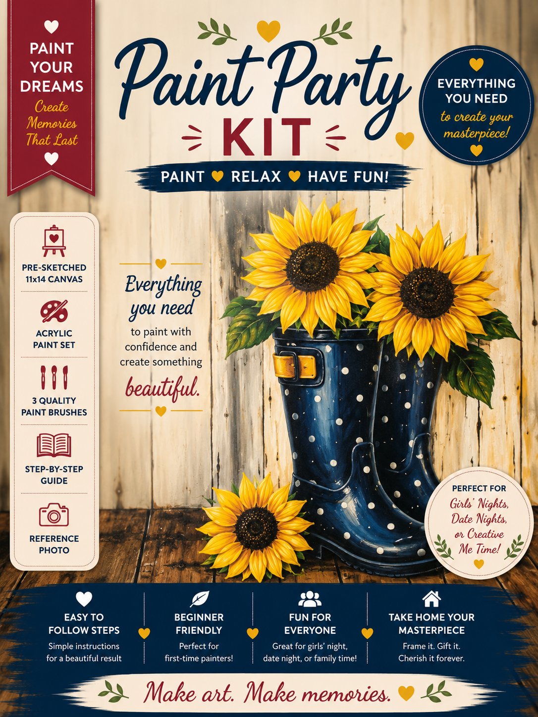 Sunflowers & Rain Boots Paint Party Kit | Farmhouse Sunflower Acrylic Painting Kit