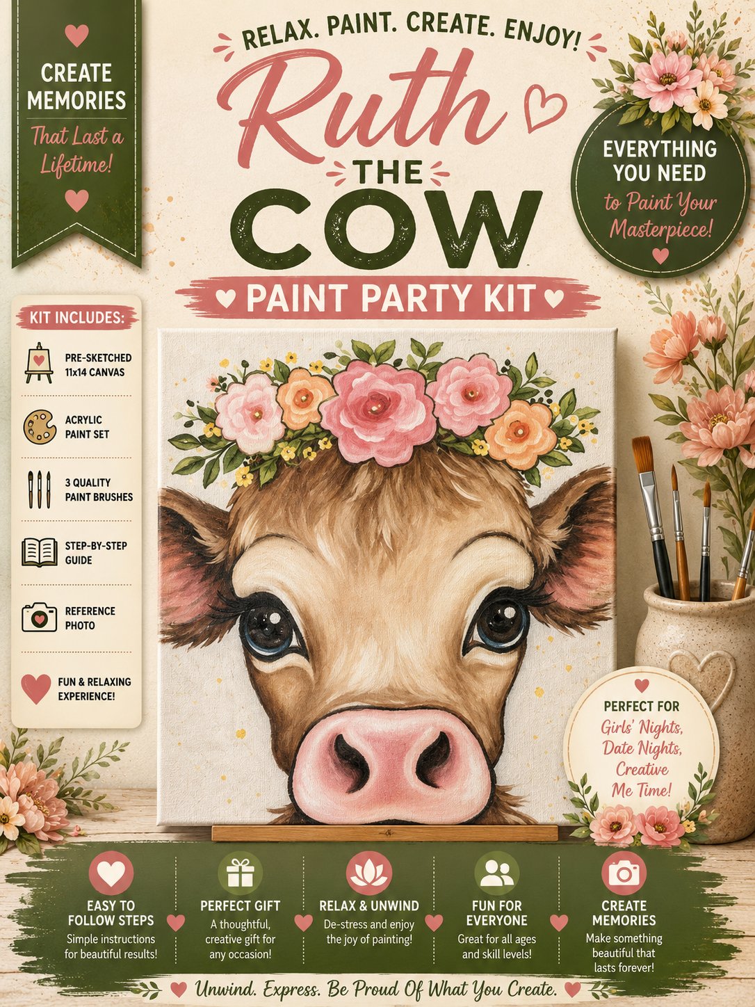 Ruth the Cow Paint Party Kit | Farmhouse Cow Acrylic Painting Kit