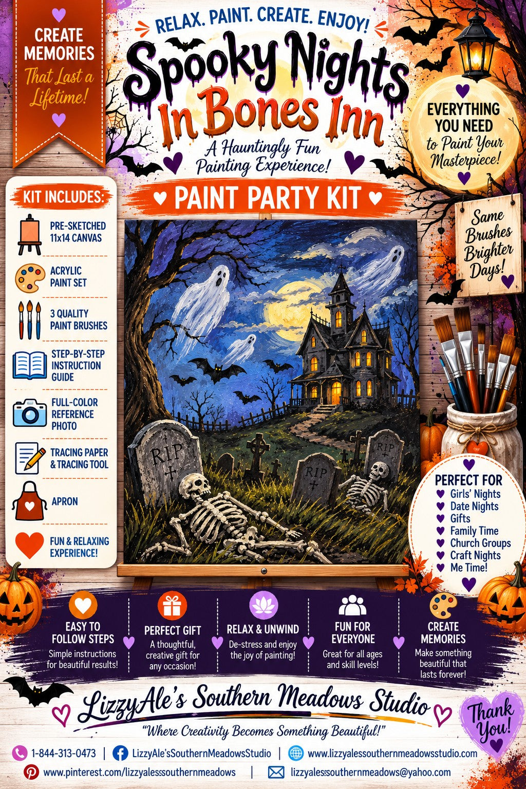Spooky Nights In Bones Inn Halloween paint party kit featuring a haunted mansion, ghosts, bats, skeletons and glowing moon