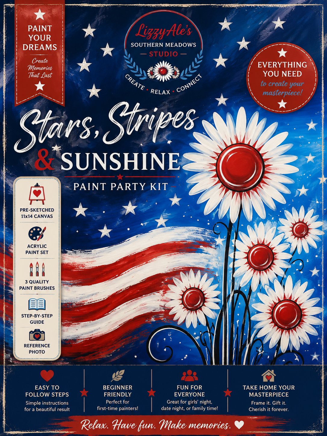 Stars, Stripes & Sunshine Paint Party Kit | Patriotic Floral Painting Kit