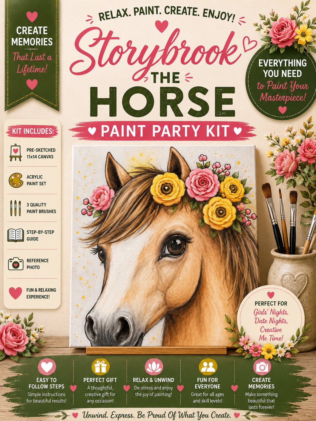 Storybrook the Horse Paint Party Kit | Floral Horse Acrylic Painting Kit