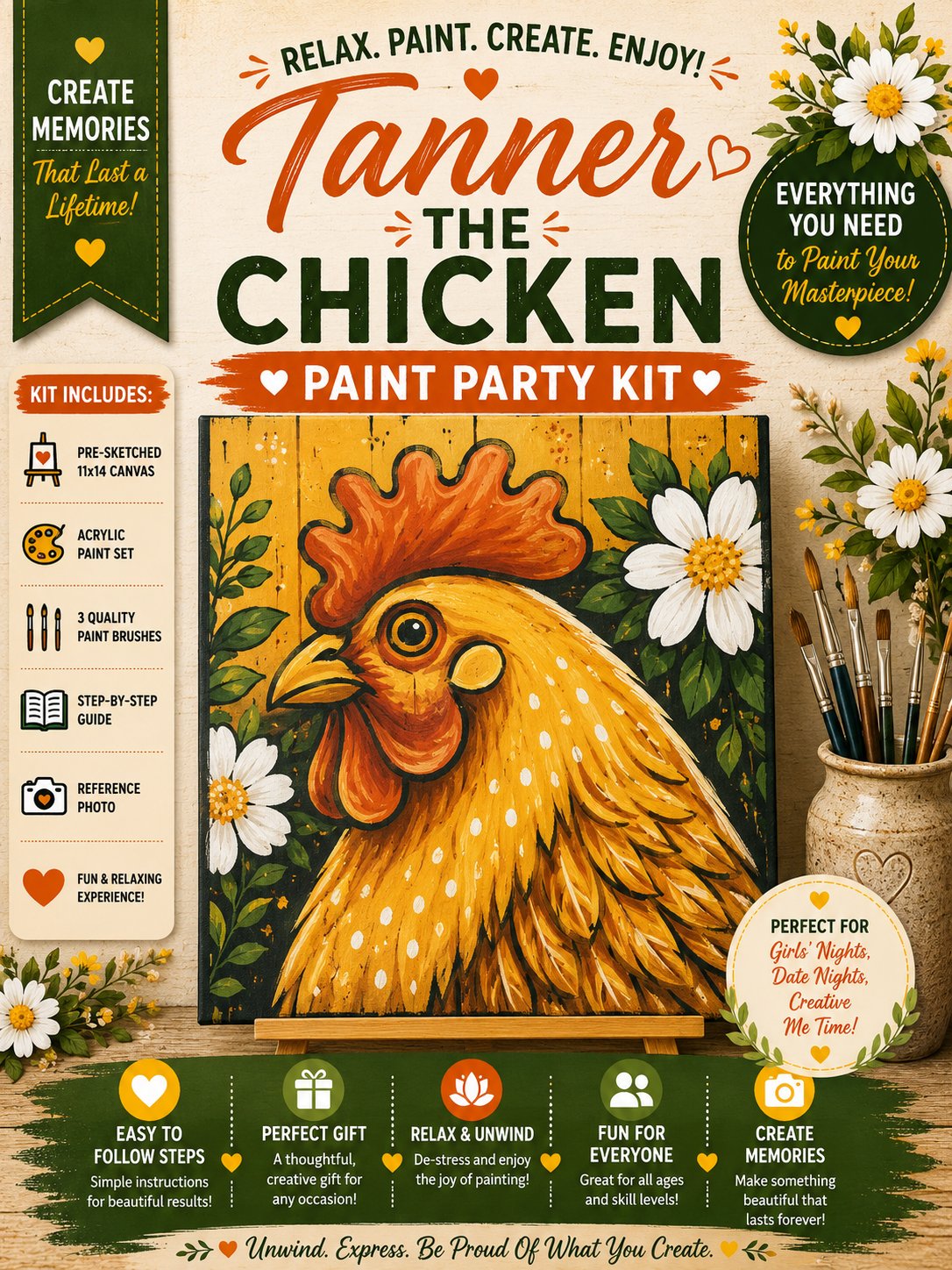 Tanner the Chicken Paint Party Kit | Farmhouse Chicken Acrylic Painting Kit