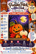 The Pumpkin Patch After Dark Paint Party Kit featuring a glowing jack-o'-lantern, full moon, bats, autumn leaves and spooky trees