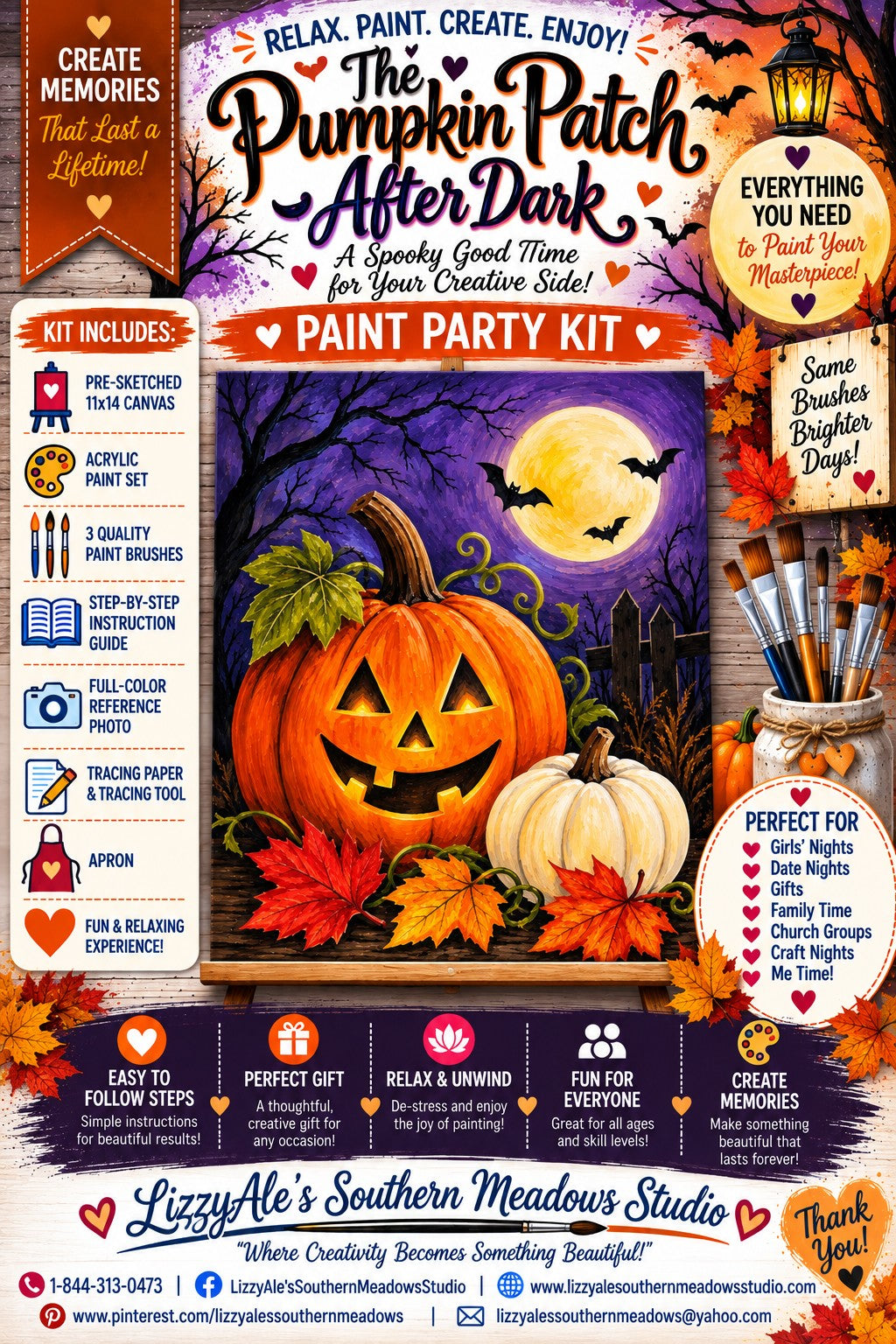 The Pumpkin Patch After Dark Paint Party Kit featuring a glowing jack-o'-lantern, full moon, bats, autumn leaves and spooky trees