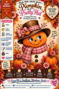 Pumpkin in a Pretty Hat fall paint party kit featuring a whimsical pumpkin character with a brown hat, pink plaid scarf, flowers and autumn leaves