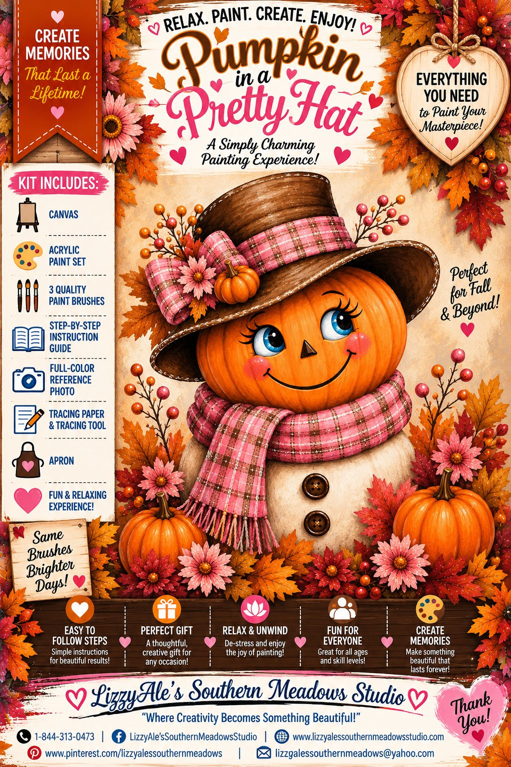 Pumpkin in a Pretty Hat fall paint party kit featuring a whimsical pumpkin character with a brown hat, pink plaid scarf, flowers and autumn leaves
