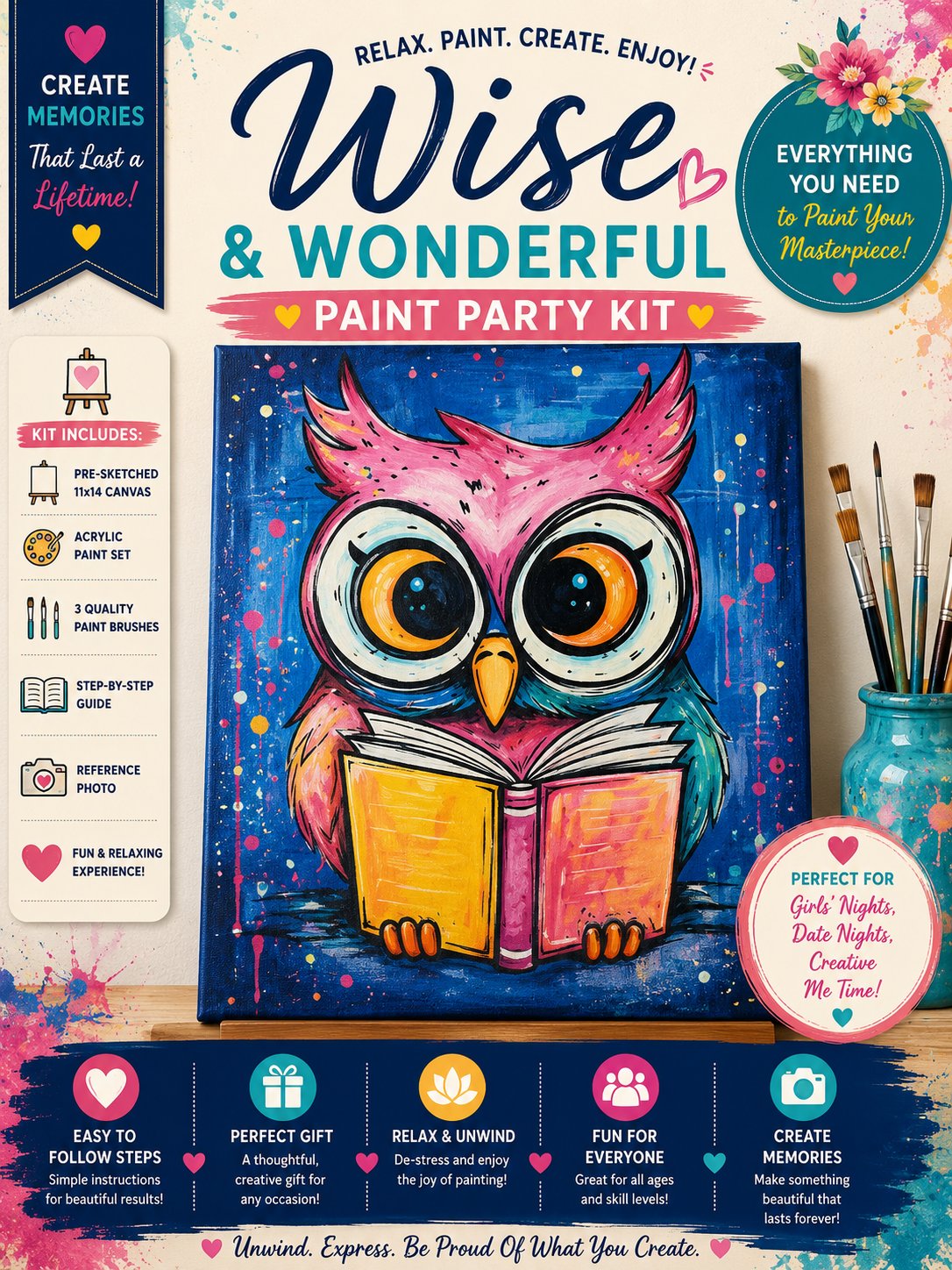 Wise & Wonderful Paint Party Kit | Colorful Owl Acrylic Painting Kit